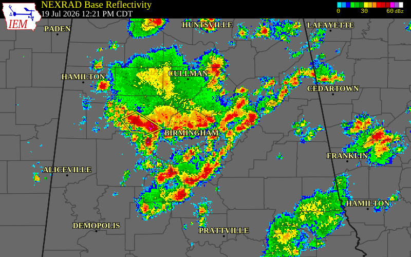 NEXRAD radar during the Sunday, July 19, 2026 storm activity in Fayette County, Alabama