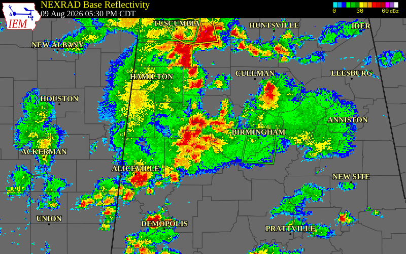 NEXRAD radar during the Sunday, August 9, 2026 storm activity in Fayette County, Alabama