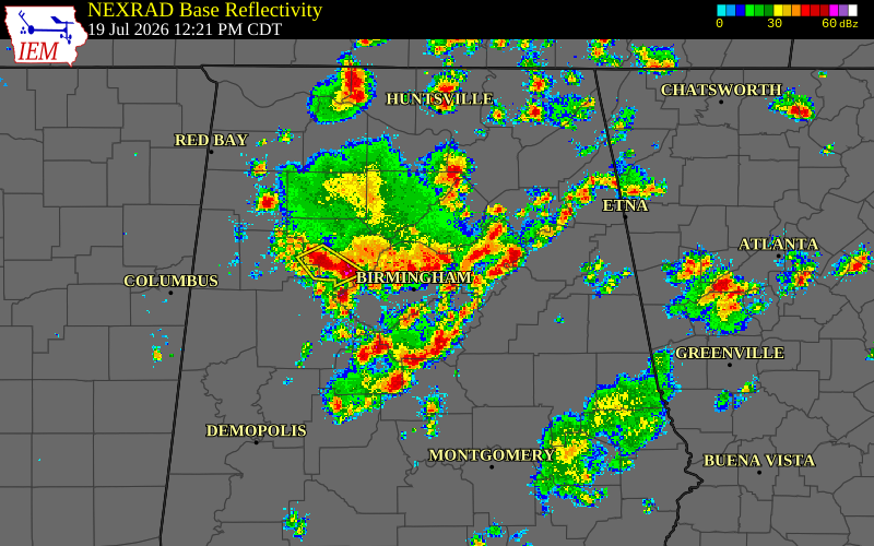 Radar snapshot during the Jul 19, 2026 wind event near Fayette County, Fayette County, Alabama, with NWS warning polygons