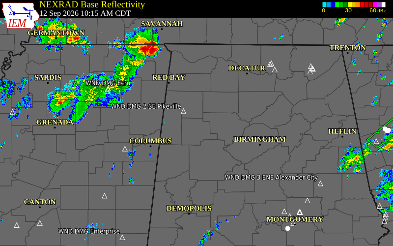 Current NEXRAD radar over Fayette County, Alabama with recent storm report locations
