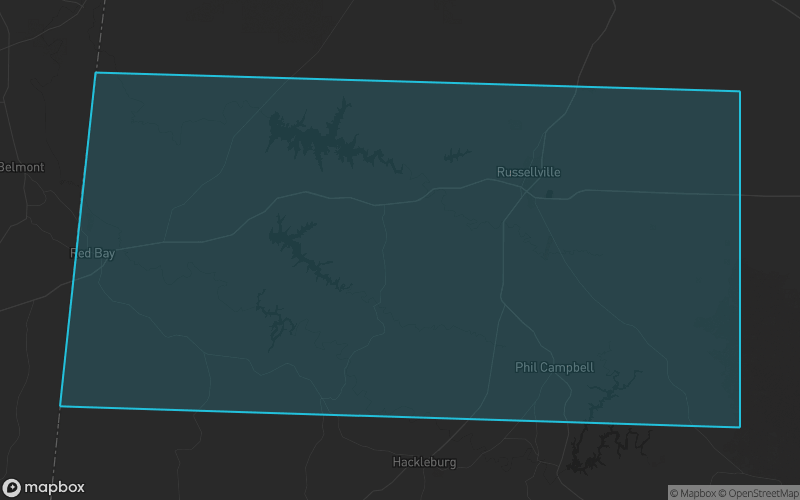 Map of Franklin County, Alabama showing the county boundary and surrounding cities
