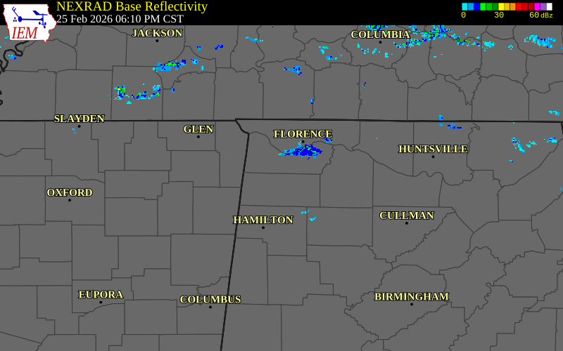 NEXRAD radar during the Wednesday, February 25, 2026 storm activity in Franklin County, Alabama