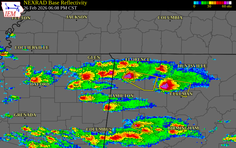 NEXRAD radar during the Thursday, February 26, 2026 storm activity in Franklin County, Alabama