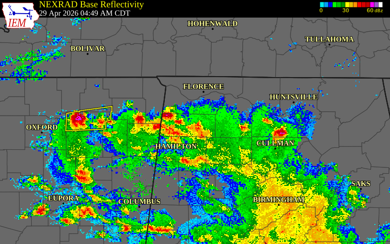 NEXRAD radar during the Wednesday, April 29, 2026 storm activity in Franklin County, Alabama