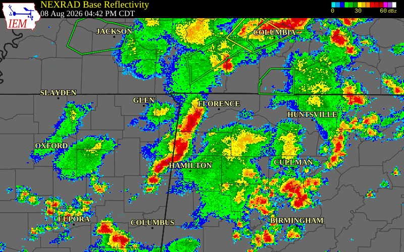 NEXRAD radar during the Saturday, August 8, 2026 storm activity in Franklin County, Alabama