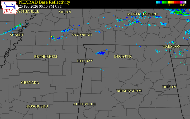 Radar snapshot during the Feb 25, 2026 hail event near 7 WNW Russellville, Franklin County, Alabama, with NWS warning polygons