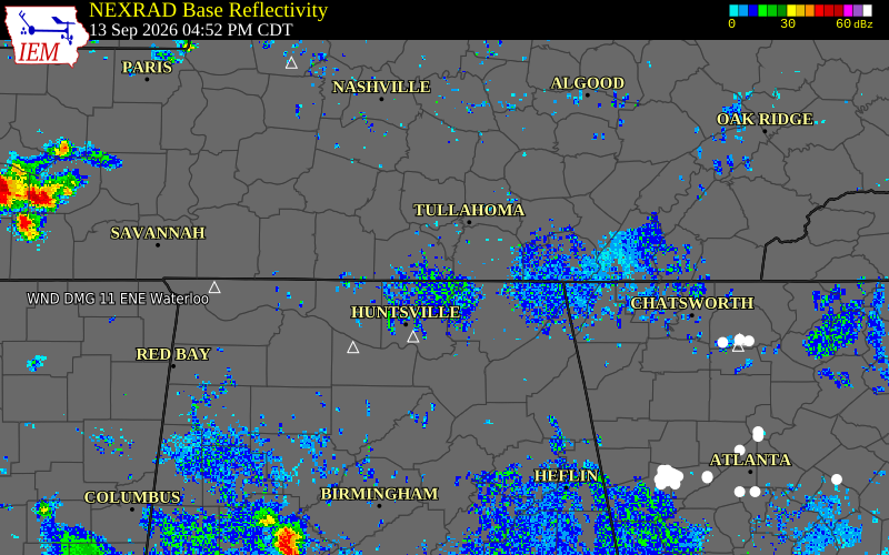 Current NEXRAD radar over Franklin County, Alabama with recent storm report locations