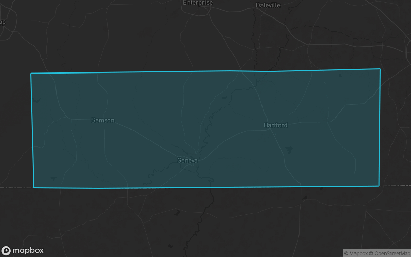 Map of Geneva County, Alabama showing the county boundary and surrounding cities