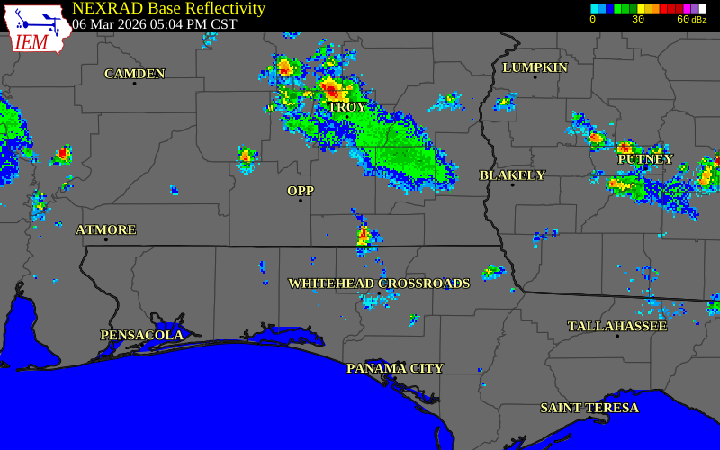 NEXRAD radar during the Friday, March 6, 2026 storm activity in Geneva County, Alabama