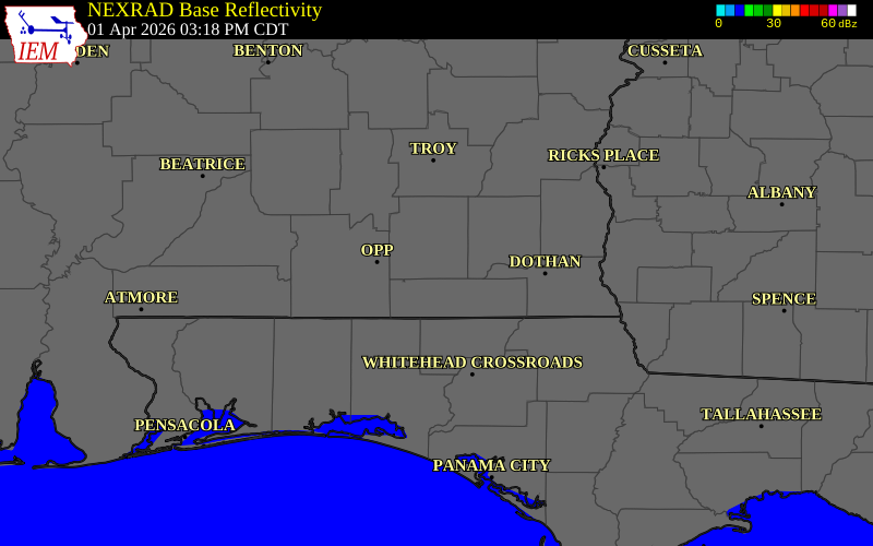 NEXRAD radar during the Wednesday, April 1, 2026 storm activity in Geneva County, Alabama