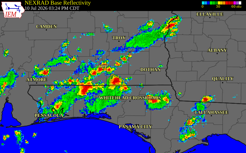 NEXRAD radar during the Friday, July 10, 2026 storm activity in Geneva County, Alabama
