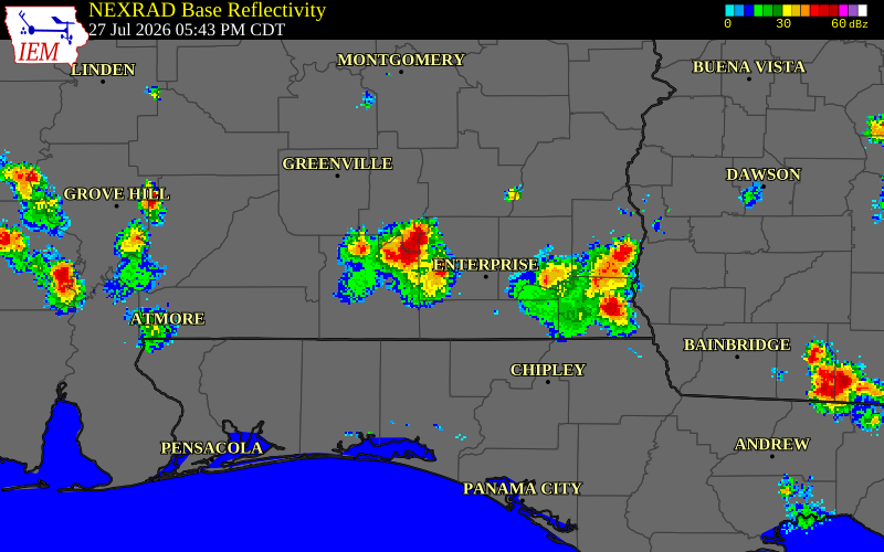 NEXRAD radar during the Monday, July 27, 2026 storm activity in Geneva County, Alabama