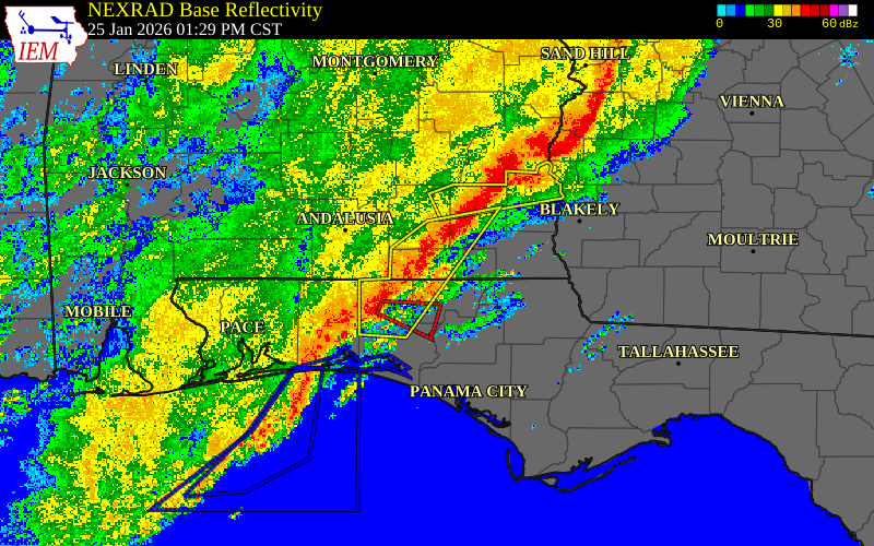 Radar snapshot during the Jan 25, 2026 tornado event near Geneva, Geneva County, Alabama, with NWS warning polygons
