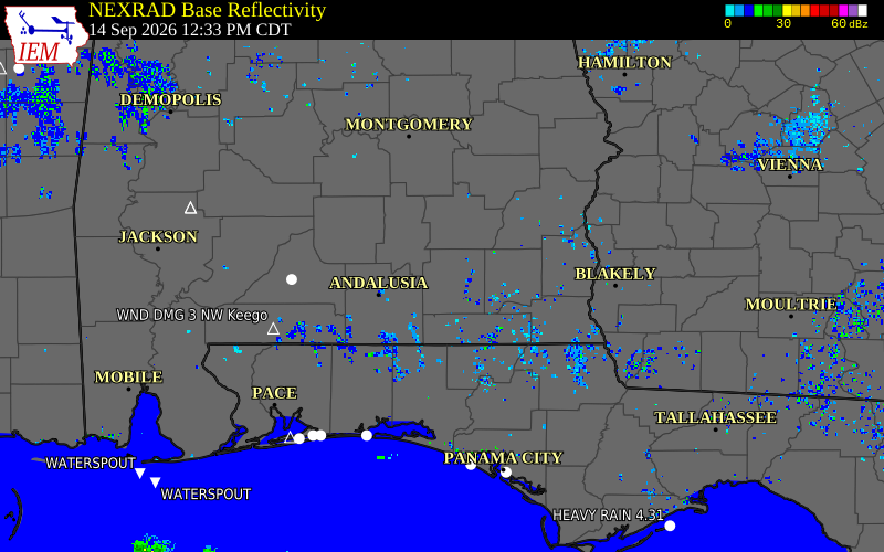 Current NEXRAD radar over Geneva County, Alabama with recent storm report locations
