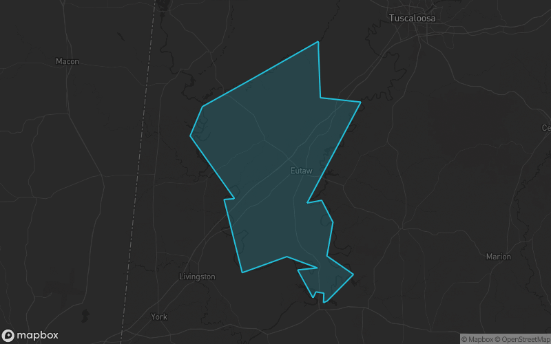 Map of Greene County, Alabama showing the county boundary and surrounding cities