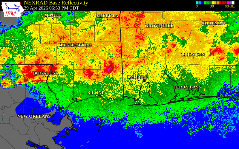 NEXRAD radar during the Wednesday, April 29, 2026 storm activity in Greene County, Alabama