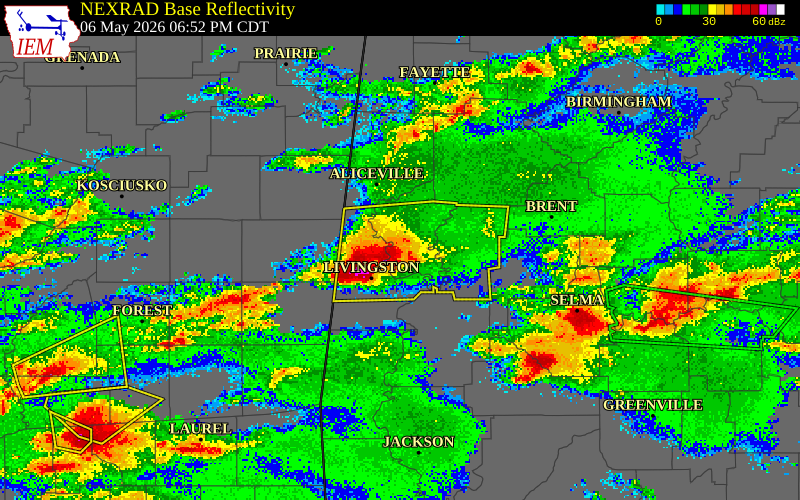 NEXRAD radar during the Wednesday, May 6, 2026 storm activity in Greene County, Alabama