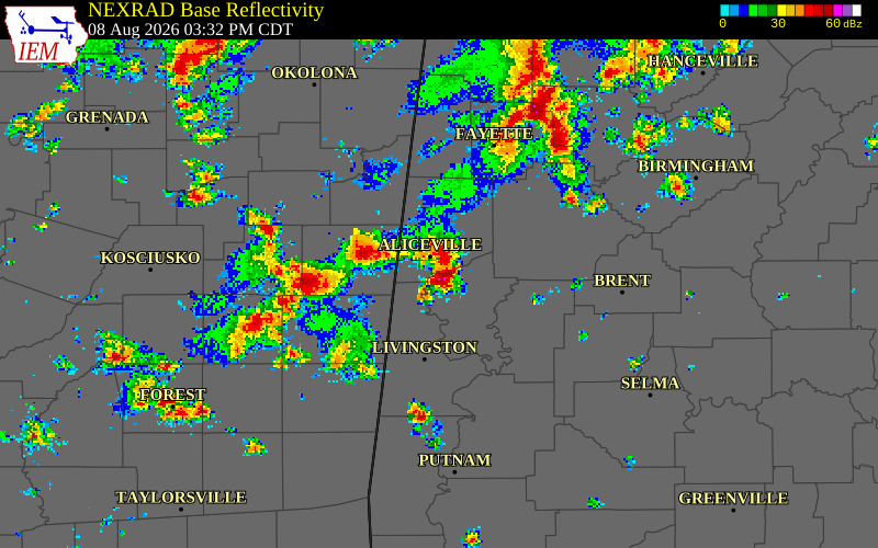 NEXRAD radar during the Saturday, August 8, 2026 storm activity in Greene County, Alabama