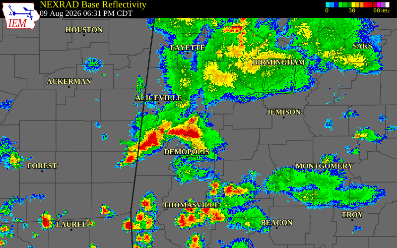 NEXRAD radar during the Sunday, August 9, 2026 storm activity in Greene County, Alabama