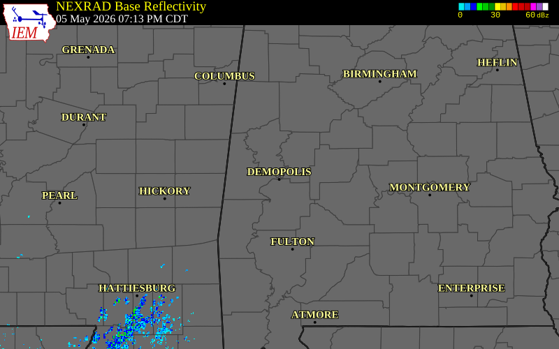 Radar snapshot during the May 5, 2026 hail event near 3 S Birdine, Greene County, Alabama, with NWS warning polygons