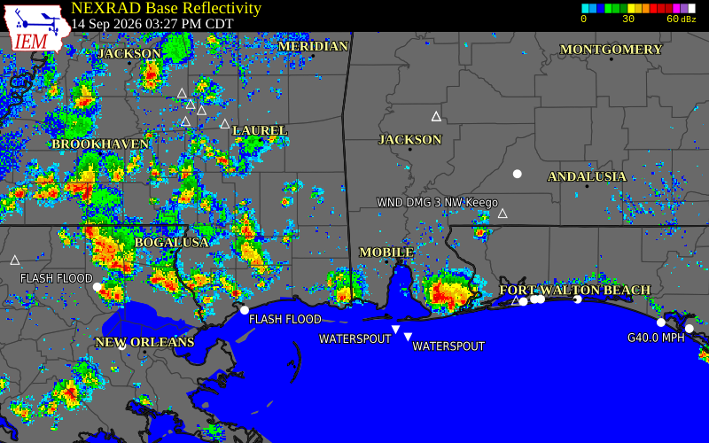 Current NEXRAD radar over Greene County, Alabama with recent storm report locations