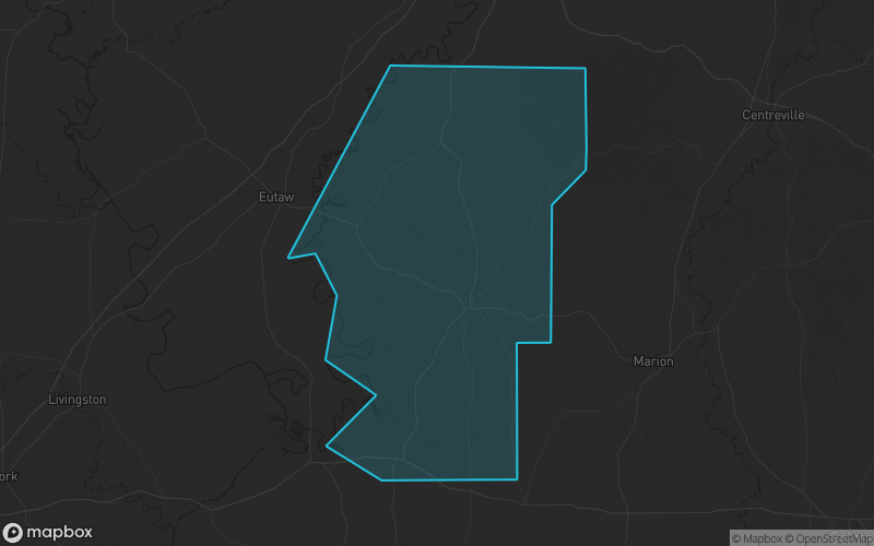 Map of Hale County, Alabama showing the county boundary and surrounding cities