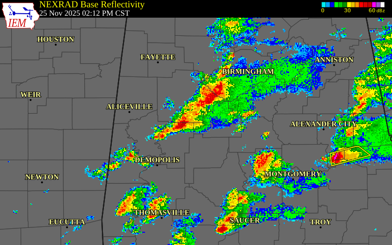 NEXRAD radar during the Tuesday, November 25, 2025 storm activity in Hale County, Alabama