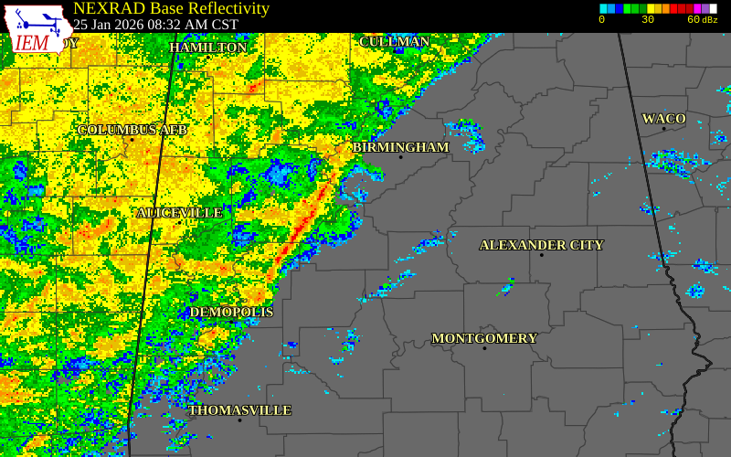 NEXRAD radar during the Sunday, January 25, 2026 storm activity in Hale County, Alabama