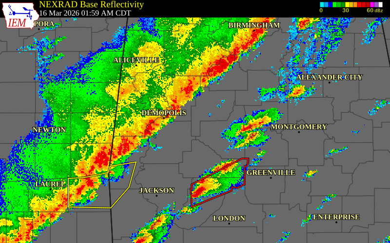 NEXRAD radar during the Monday, March 16, 2026 storm activity in Hale County, Alabama