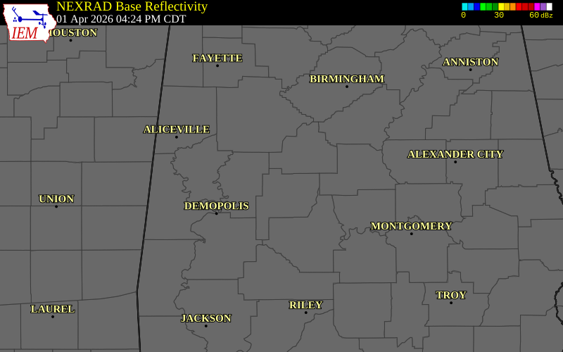 NEXRAD radar during the Wednesday, April 1, 2026 storm activity in Hale County, Alabama
