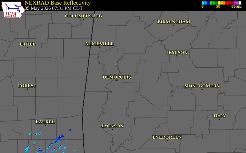 NEXRAD radar during the Tuesday, May 5, 2026 storm activity in Hale County, Alabama