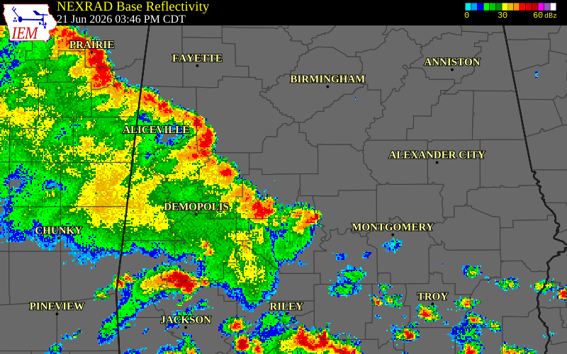 NEXRAD radar during the Sunday, June 21, 2026 storm activity in Hale County, Alabama