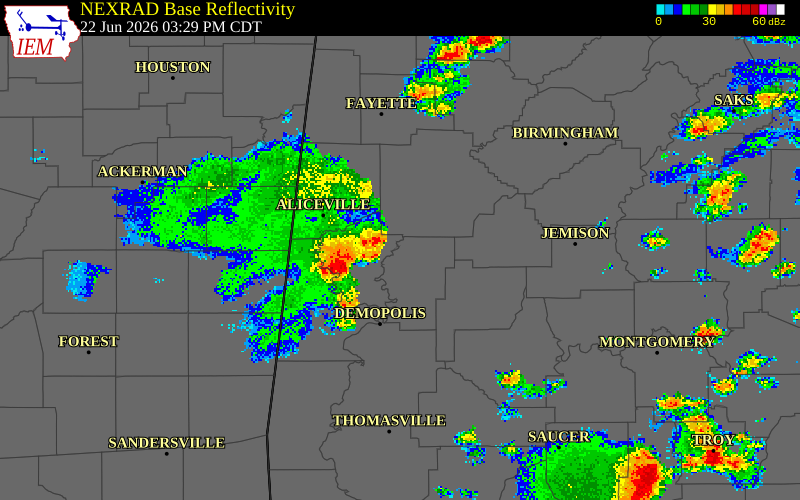 NEXRAD radar during the Monday, June 22, 2026 storm activity in Hale County, Alabama