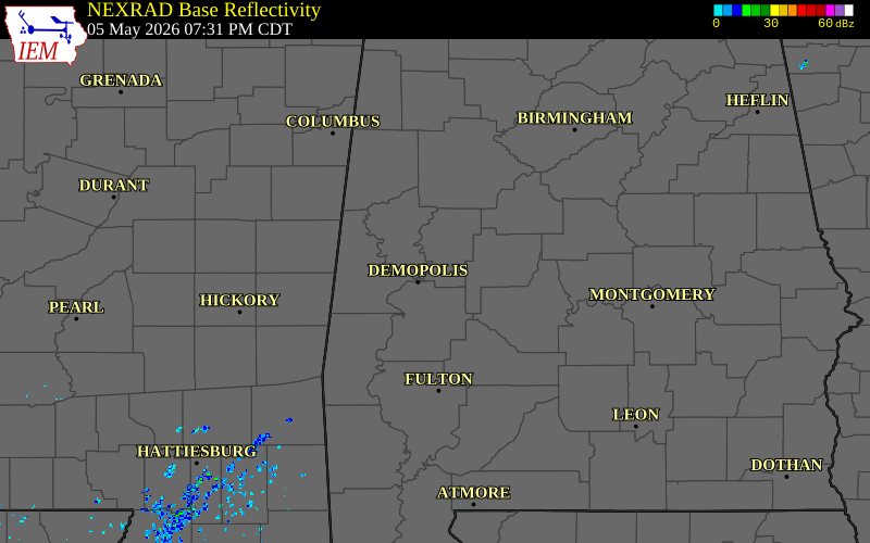 Radar snapshot during the May 5, 2026 hail event near 3 NE Arcola, Hale County, Alabama, with NWS warning polygons