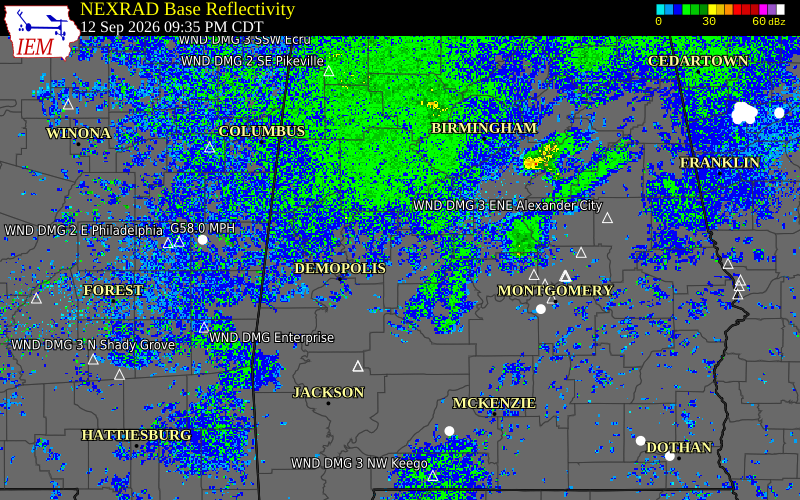 Current NEXRAD radar over Hale County, Alabama with recent storm report locations
