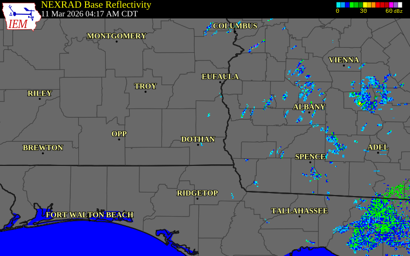 NEXRAD radar during the Wednesday, March 11, 2026 storm activity in Henry County, Alabama