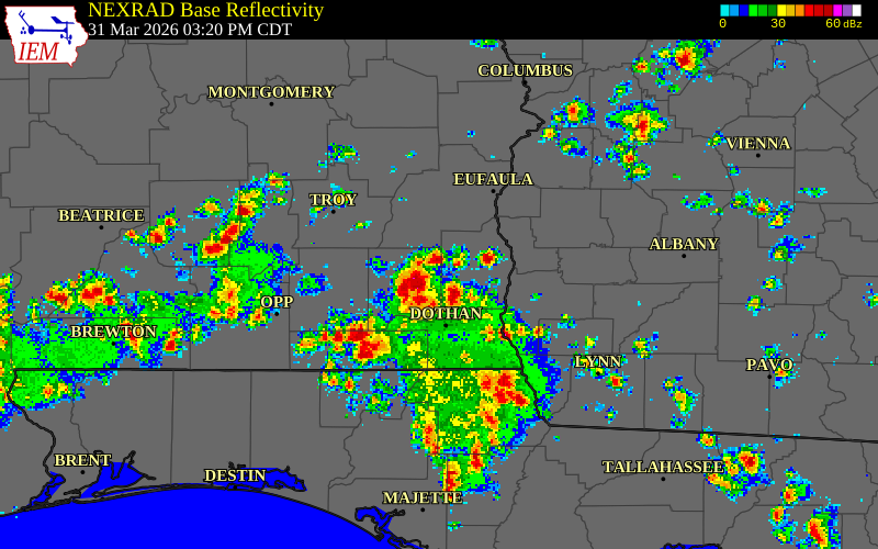 NEXRAD radar during the Tuesday, March 31, 2026 storm activity in Henry County, Alabama