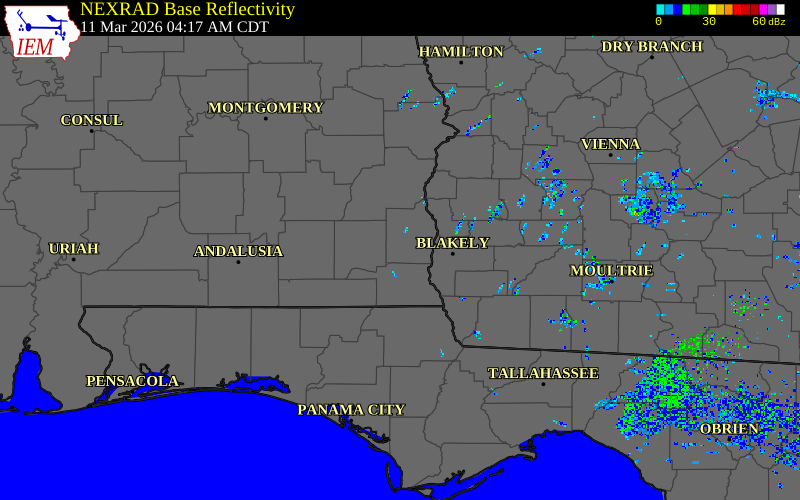 Radar snapshot during the Mar 11, 2026 tornado event near 1 SE Newville, Henry County, Alabama, with NWS warning polygons