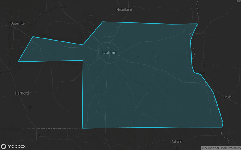 Map of Houston County, Alabama showing the county boundary and surrounding cities