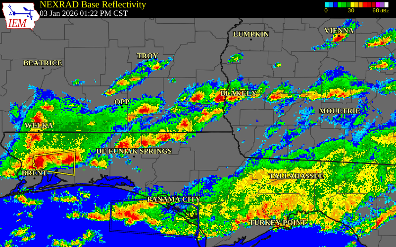 NEXRAD radar during the Saturday, January 3, 2026 storm activity in Houston County, Alabama