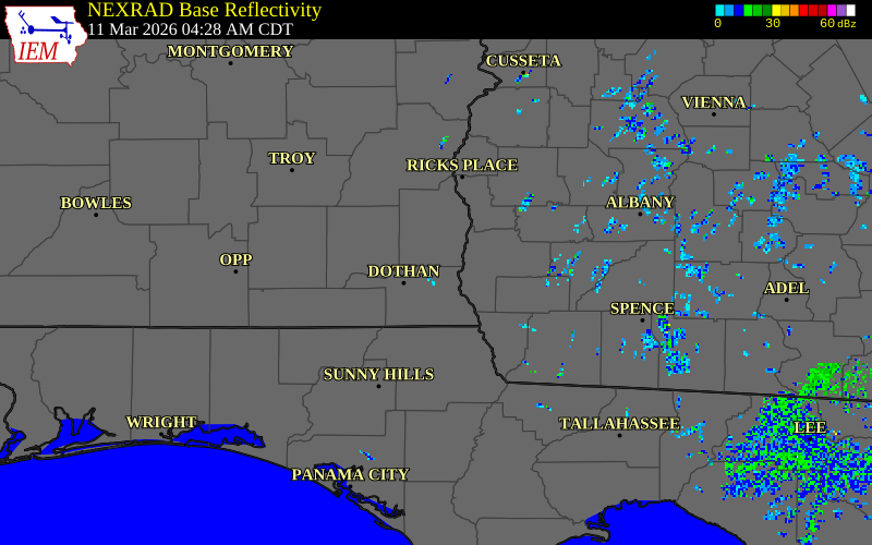 NEXRAD radar during the Wednesday, March 11, 2026 storm activity in Houston County, Alabama