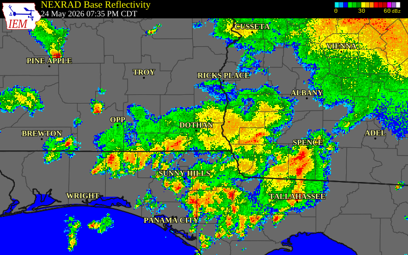 NEXRAD radar during the Sunday, May 24, 2026 storm activity in Houston County, Alabama