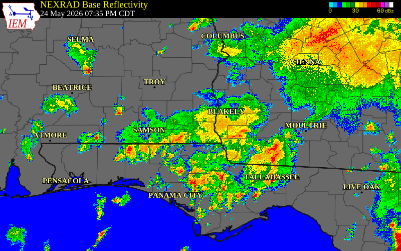Radar snapshot during the May 24, 2026 tornado event near 2 NNE Smyrna, Houston County, Alabama, with NWS warning polygons