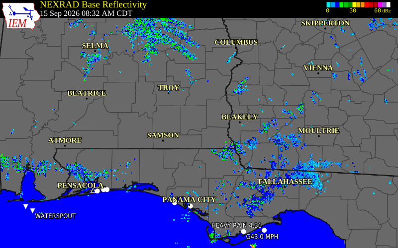 Current NEXRAD radar over Houston County, Alabama with recent storm report locations