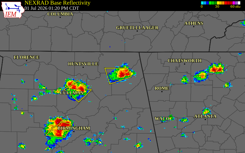 NEXRAD radar during the Wednesday, July 1, 2026 storm activity in Jackson County, Alabama