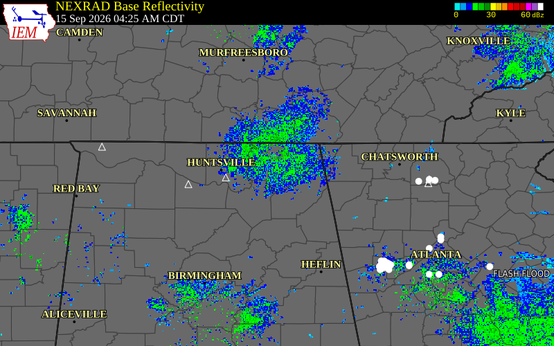 Current NEXRAD radar over Jackson County, Alabama with recent storm report locations