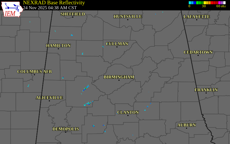 NEXRAD radar during the Monday, November 24, 2025 storm activity in Jefferson County, Alabama