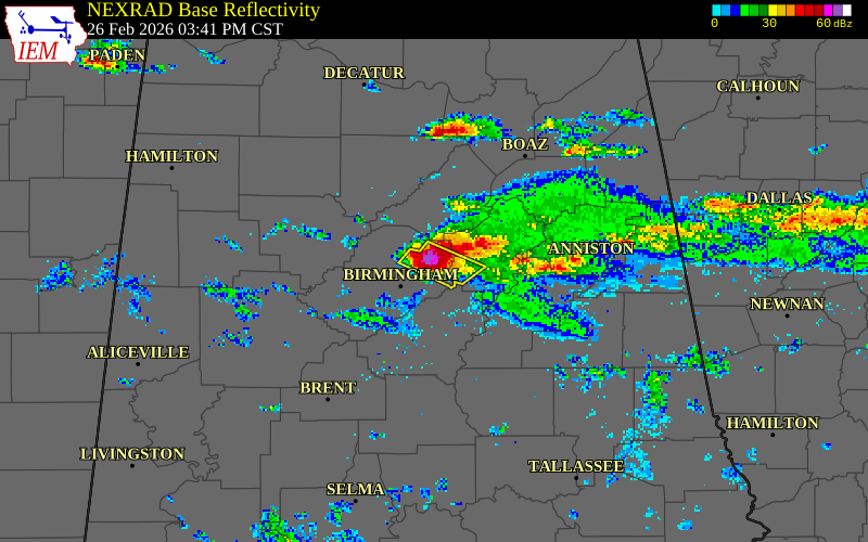 NEXRAD radar during the Thursday, February 26, 2026 storm activity in Jefferson County, Alabama