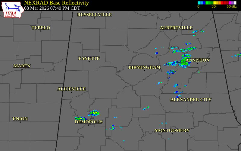 NEXRAD radar during the Sunday, March 8, 2026 storm activity in Jefferson County, Alabama