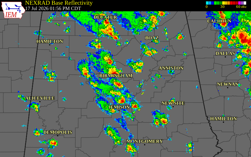 NEXRAD radar during the Friday, July 17, 2026 storm activity in Jefferson County, Alabama